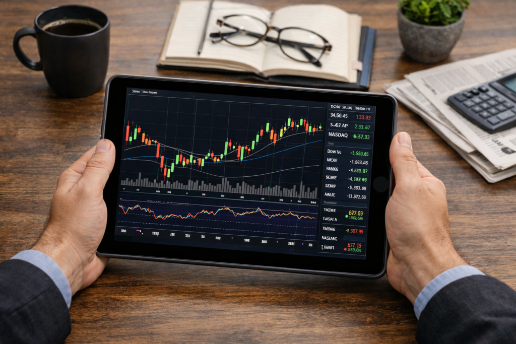 An investor using a tablet to view stock-market charts while making notes. Self-assessment