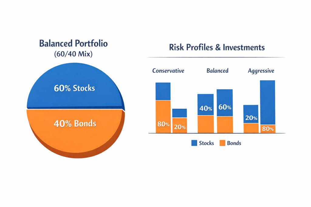Pie charts of sample asset allocations for conservative, balanced, and aggressive portfolios.
